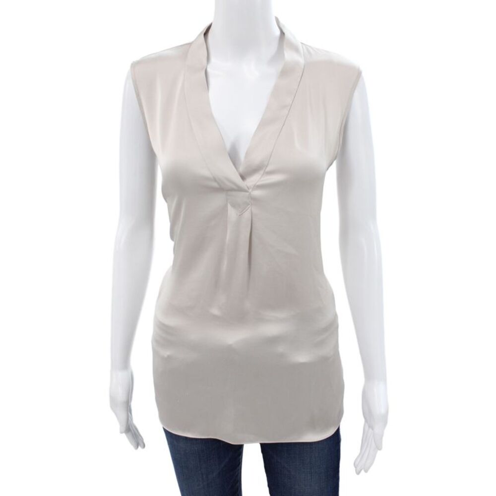 R Label Women Tunic V-Neck Sleeveless Beige Polyester Solid Size L